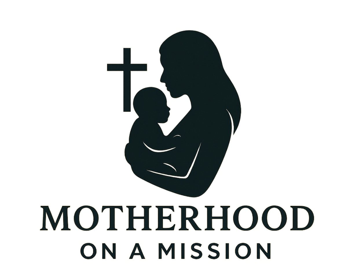 Motherhood on a Mission logo featuring a mother holding her baby beside a cross.